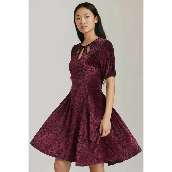 Modcloth Rockabilly Cherry Red Swing Dress Stretch Velvet 40s 50s Vibe Small - Picture 1 of 12